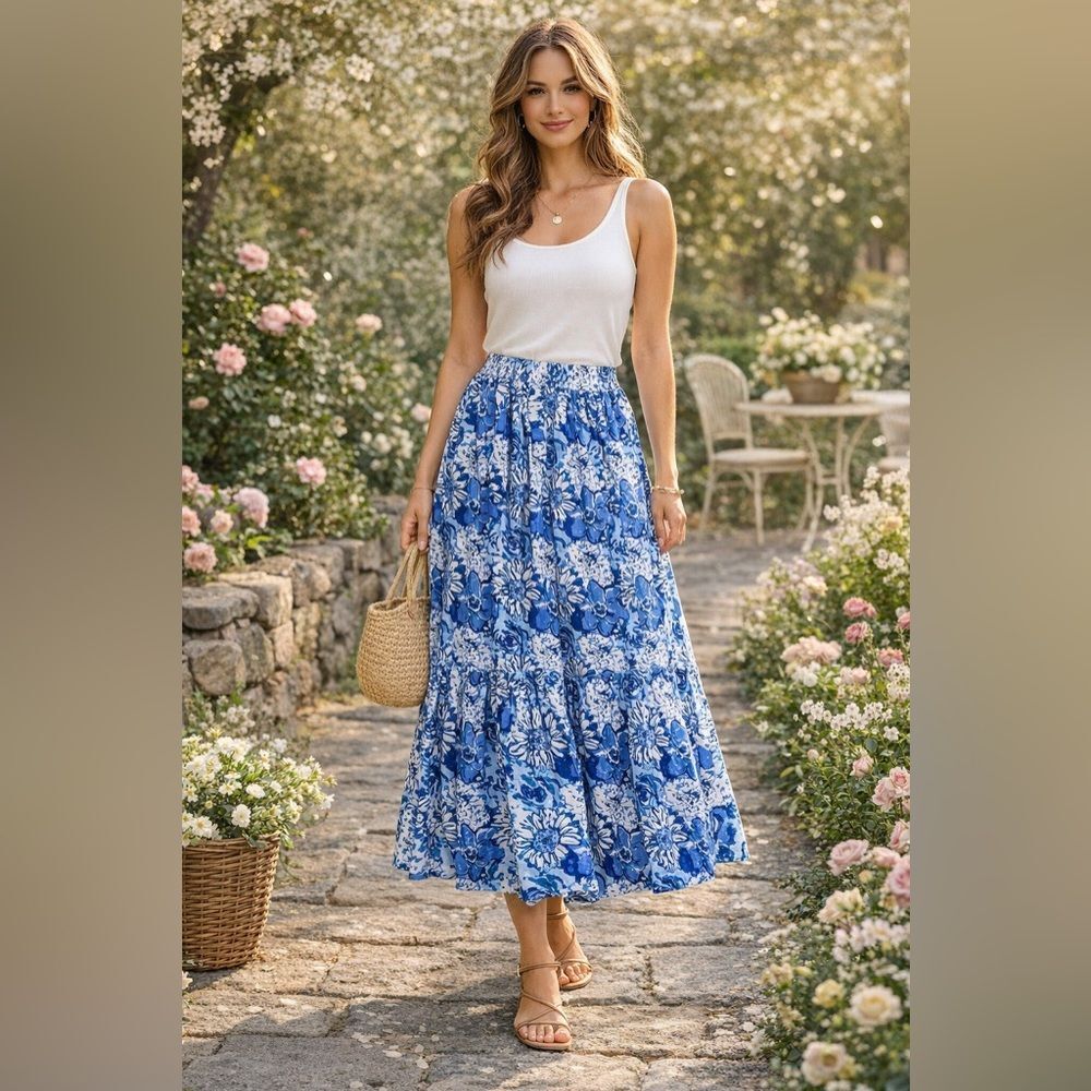 NWT Heart of Grace Blue & White Floral Tiered Maxi Skirt Size M